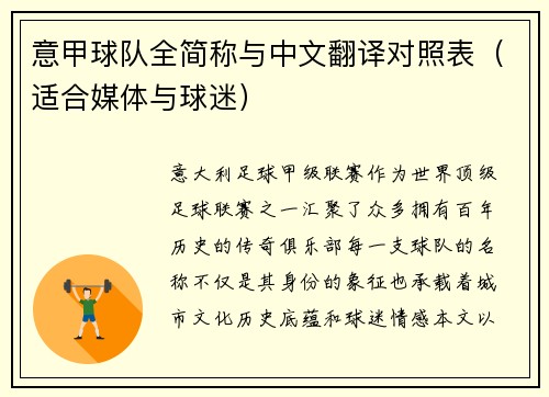 意甲球队全简称与中文翻译对照表（适合媒体与球迷）